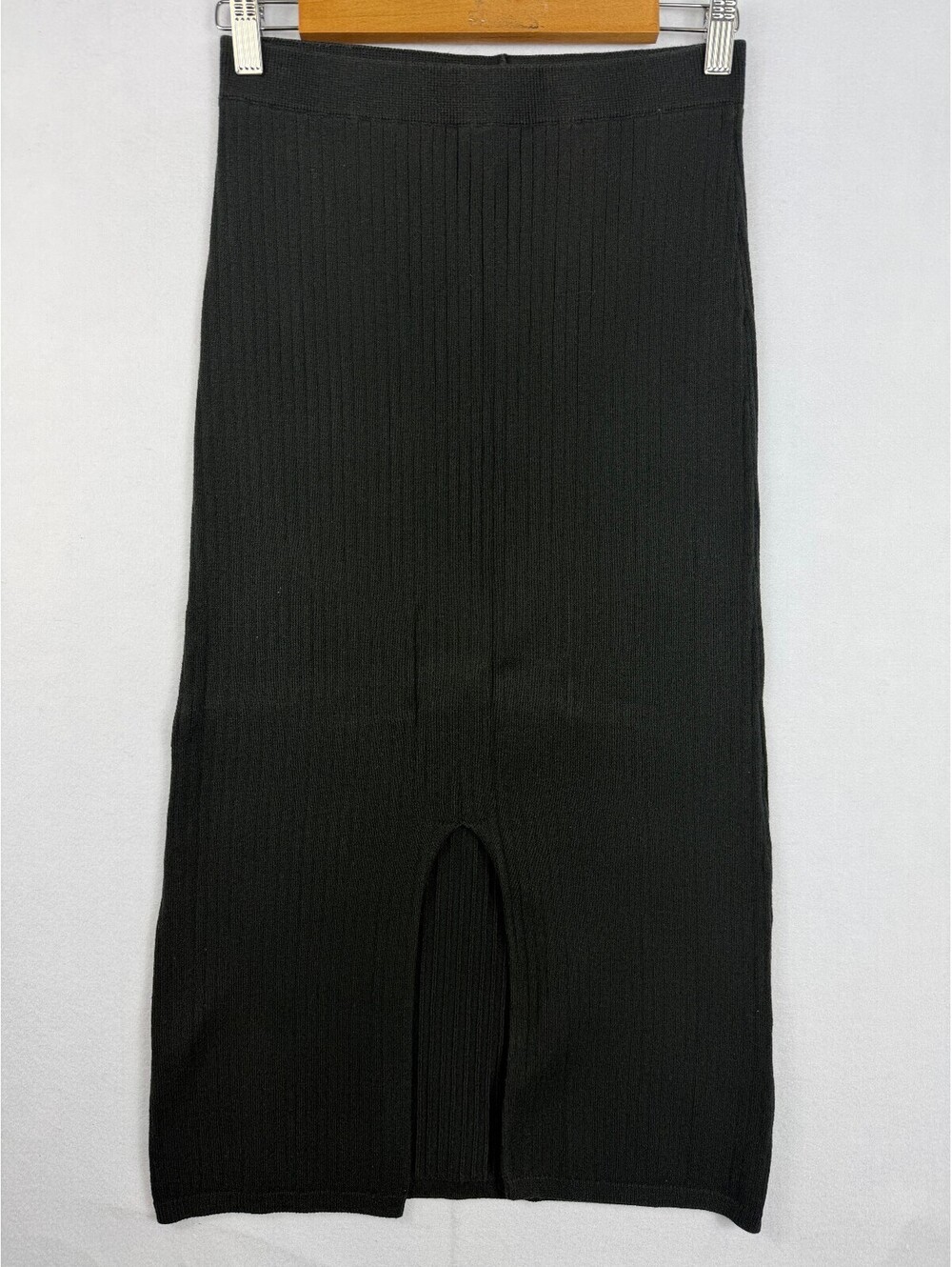 Free People Black Ribbed Knit Midi Skirt Size M Front Slit Bodycon Stretch Fall